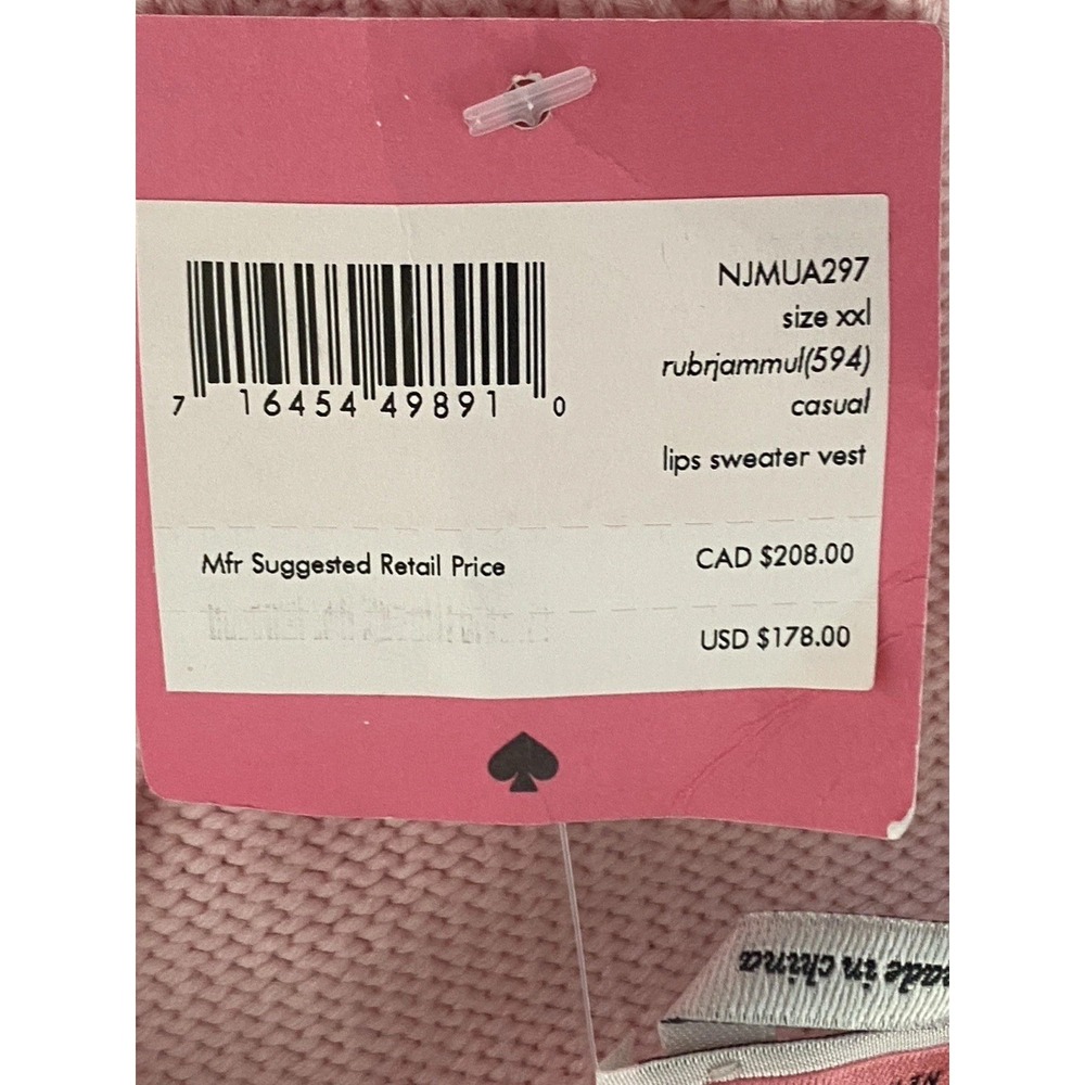 Kate Spade New York Lips Sweater Vest Rhubarb Jam Multi Pink Red Size XXL NWT - Picture 5 of 6